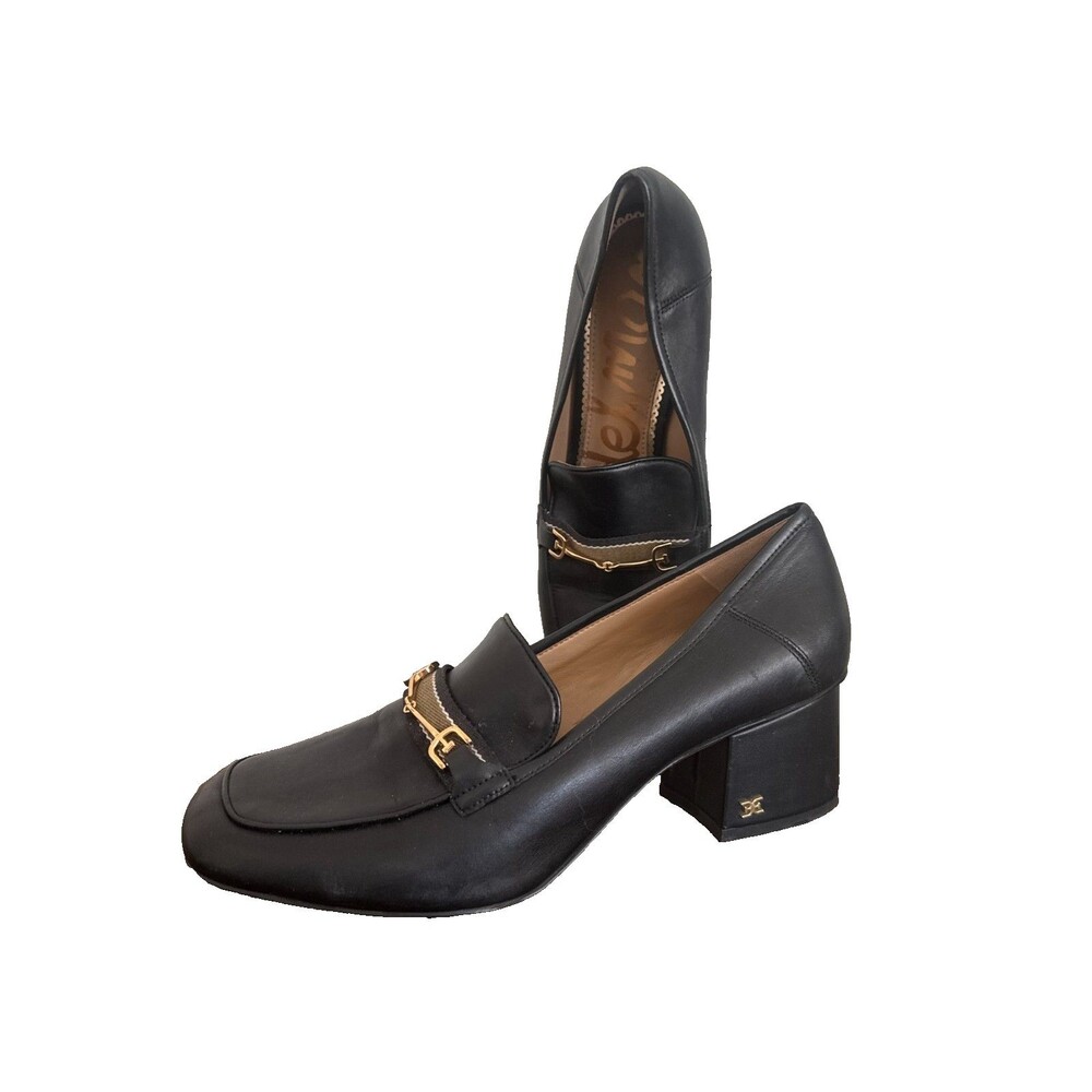 Sam Edelman Black Leather Block Heel Loafers with Gold Hardware